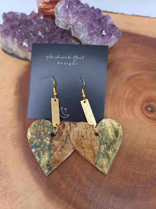 Gold Patina Effect Birchbark Heart Earrings