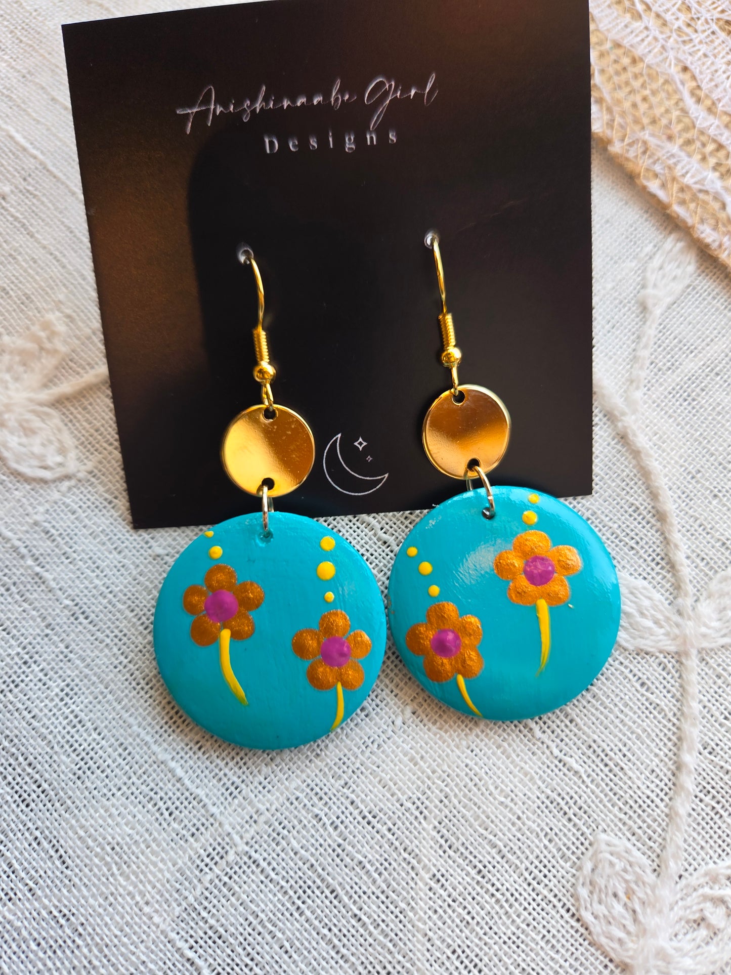 Floral Painted Circle Earrings