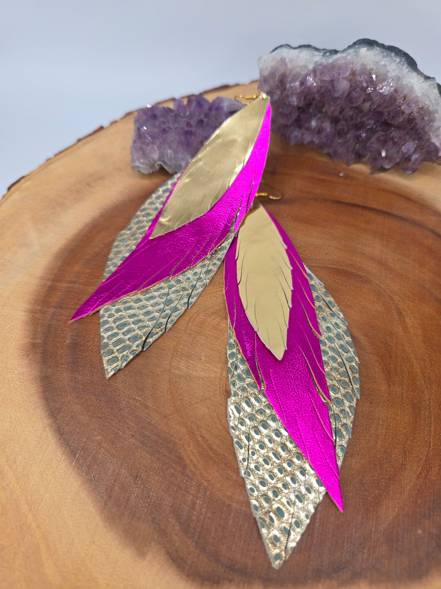 Pink, Gold Metallic Leather Feather Earrings