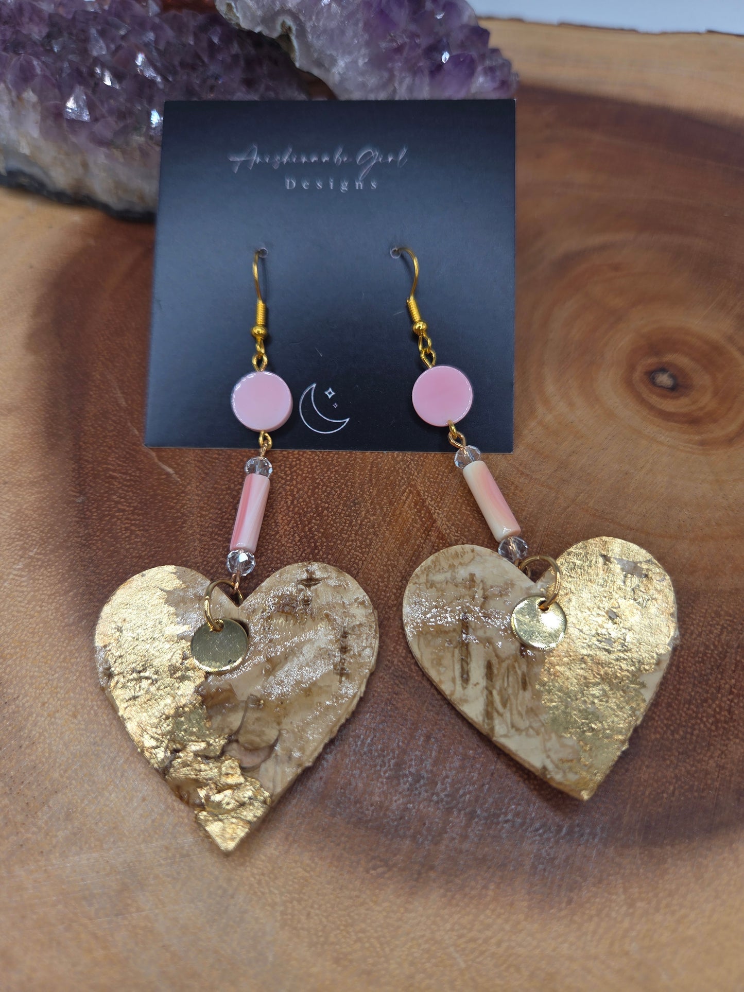 Queen Conch and Gold Gilded Heart Birchbark Earrings