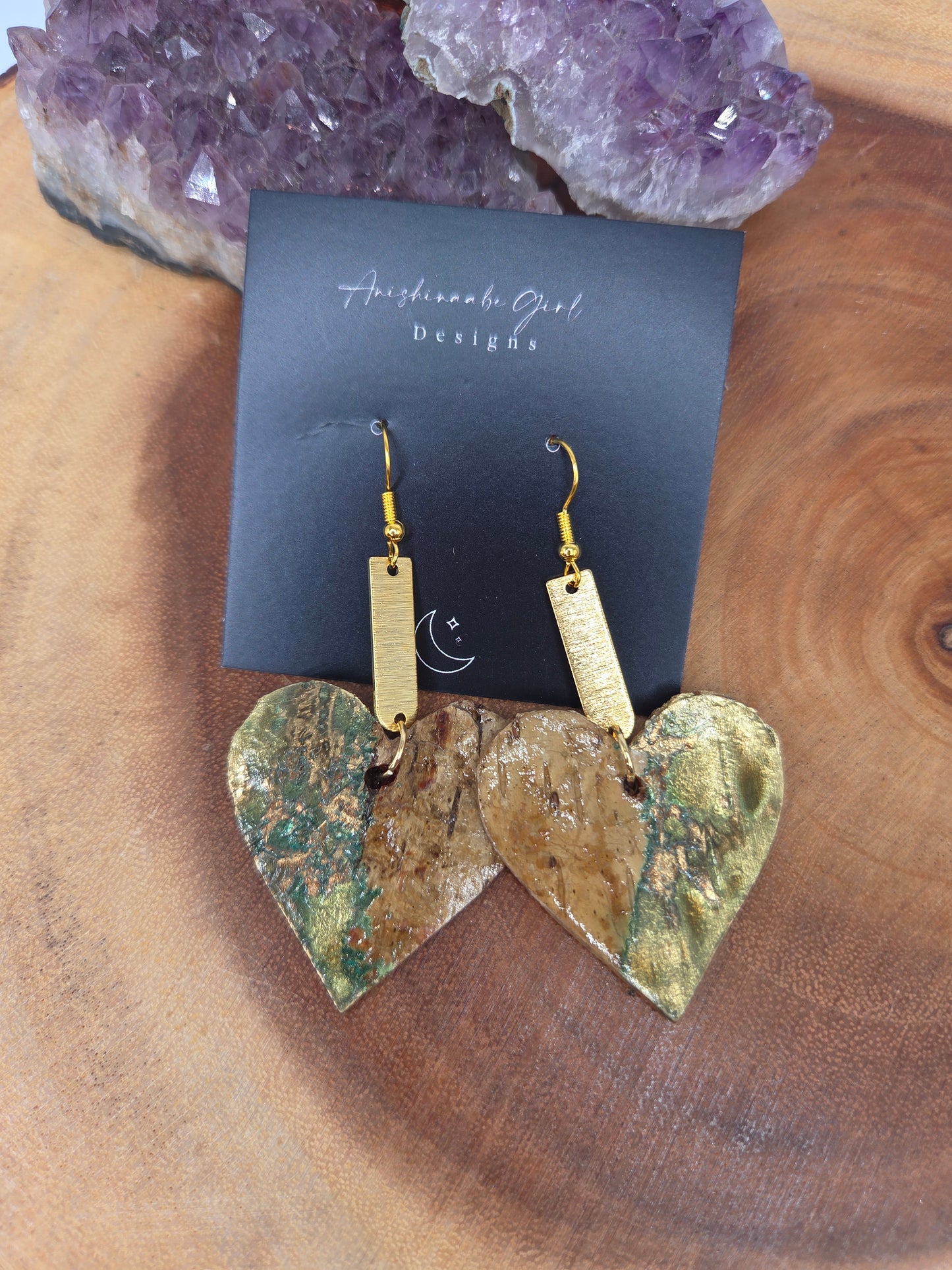 Gold Patina Effect Birchbark Heart Earrings