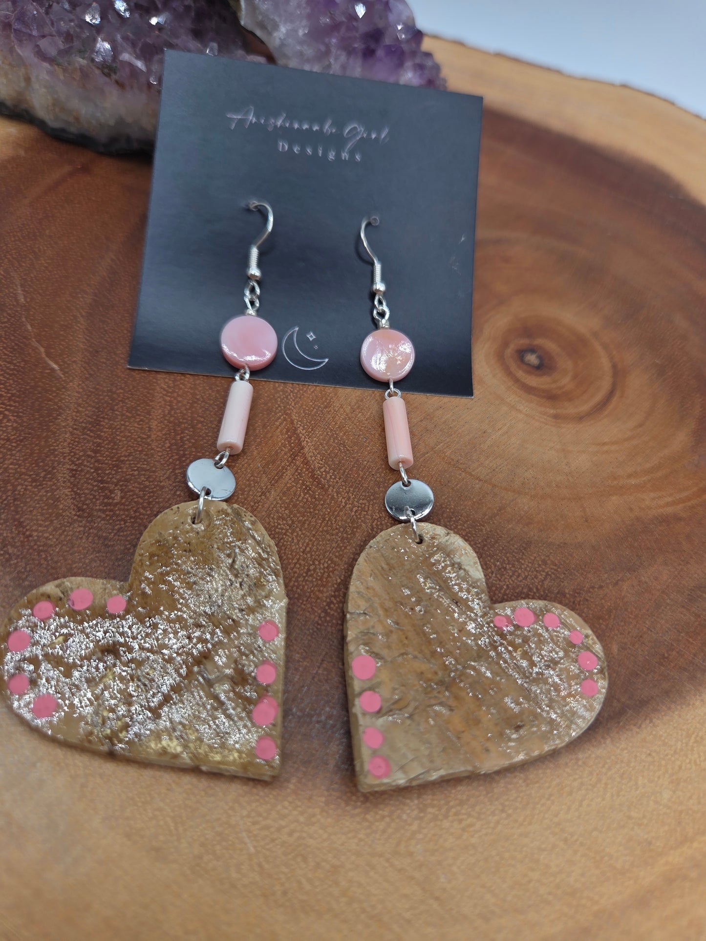 Queen Conch and Birchbark Heart Earrings