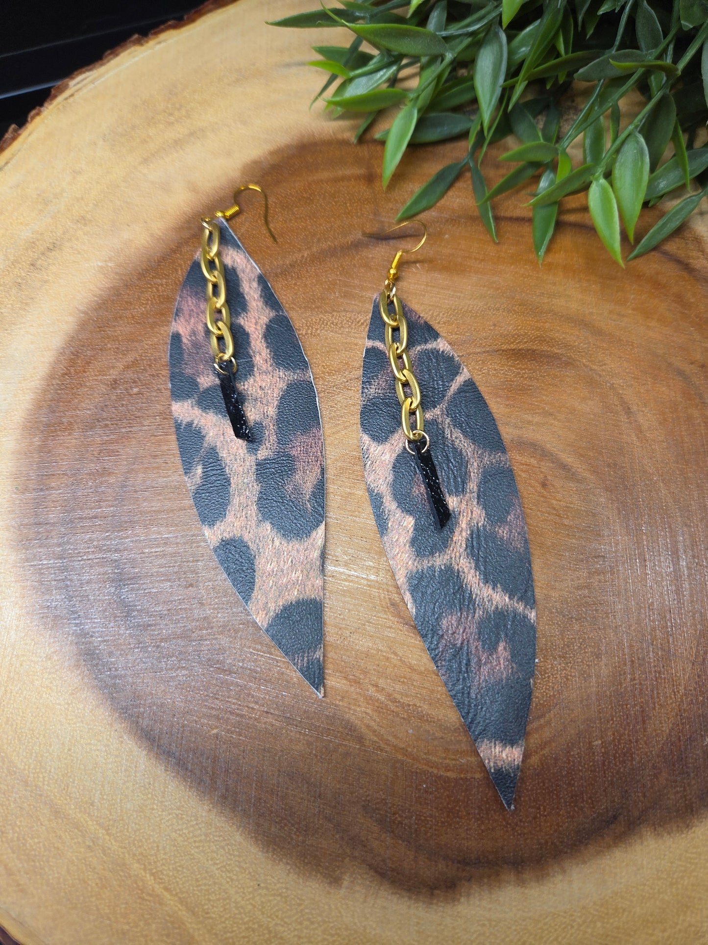 Animal Print Leather Feather Earrings