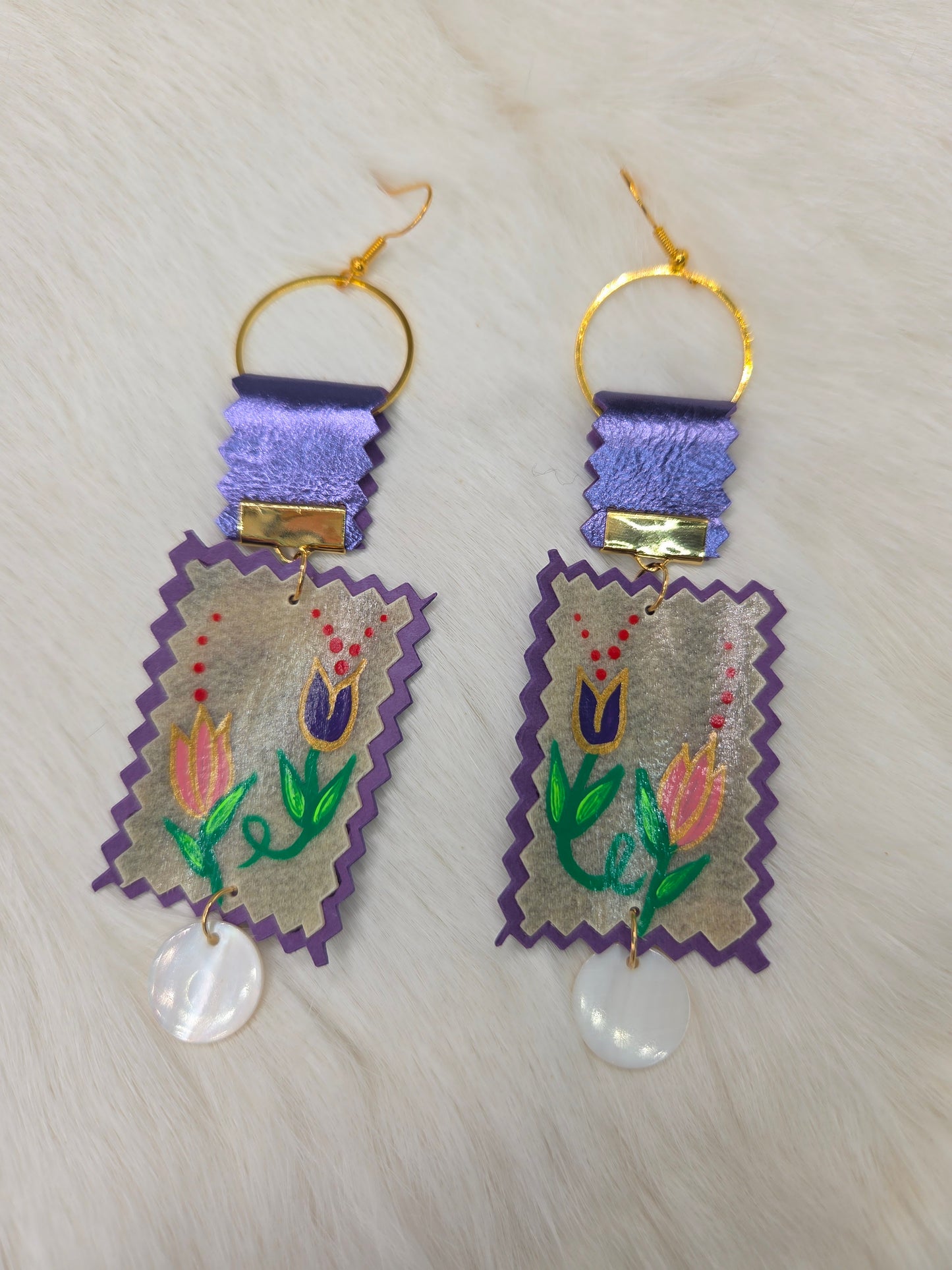Parfleche & Metallic Floral Painted Earrings