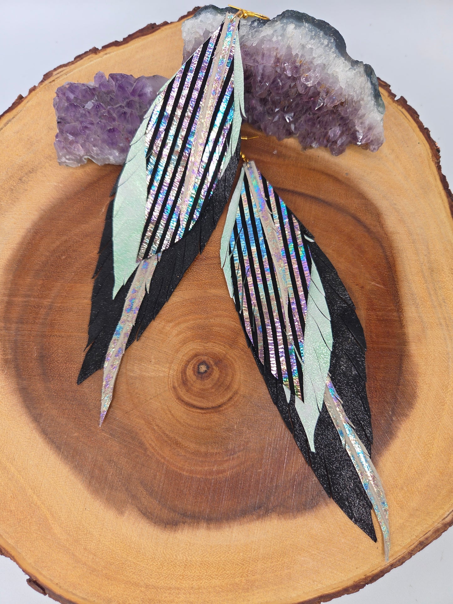 Black Holographic Metallic Leather Feather Earrings