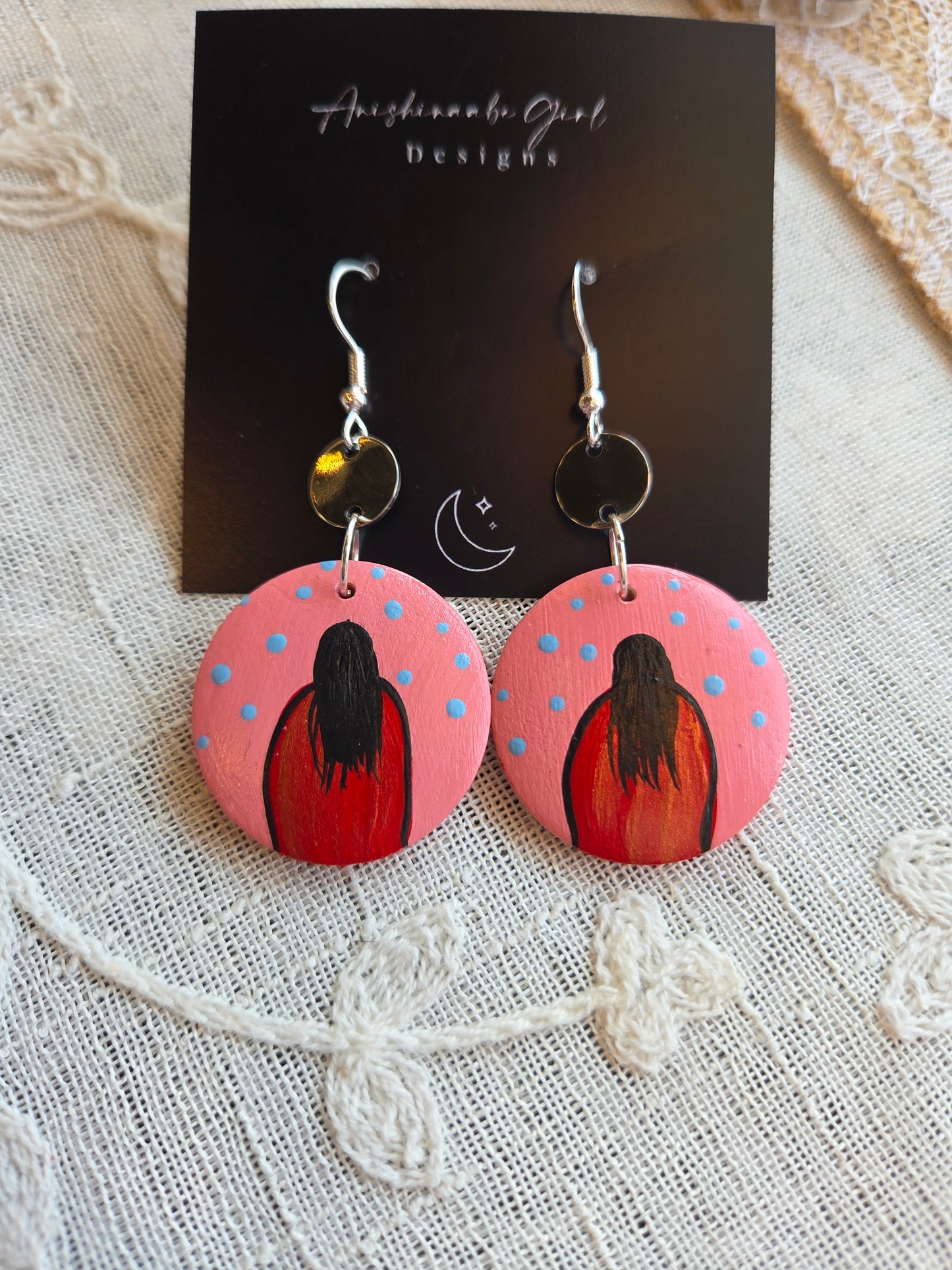Red Dress Woman Painted Circle Earrings