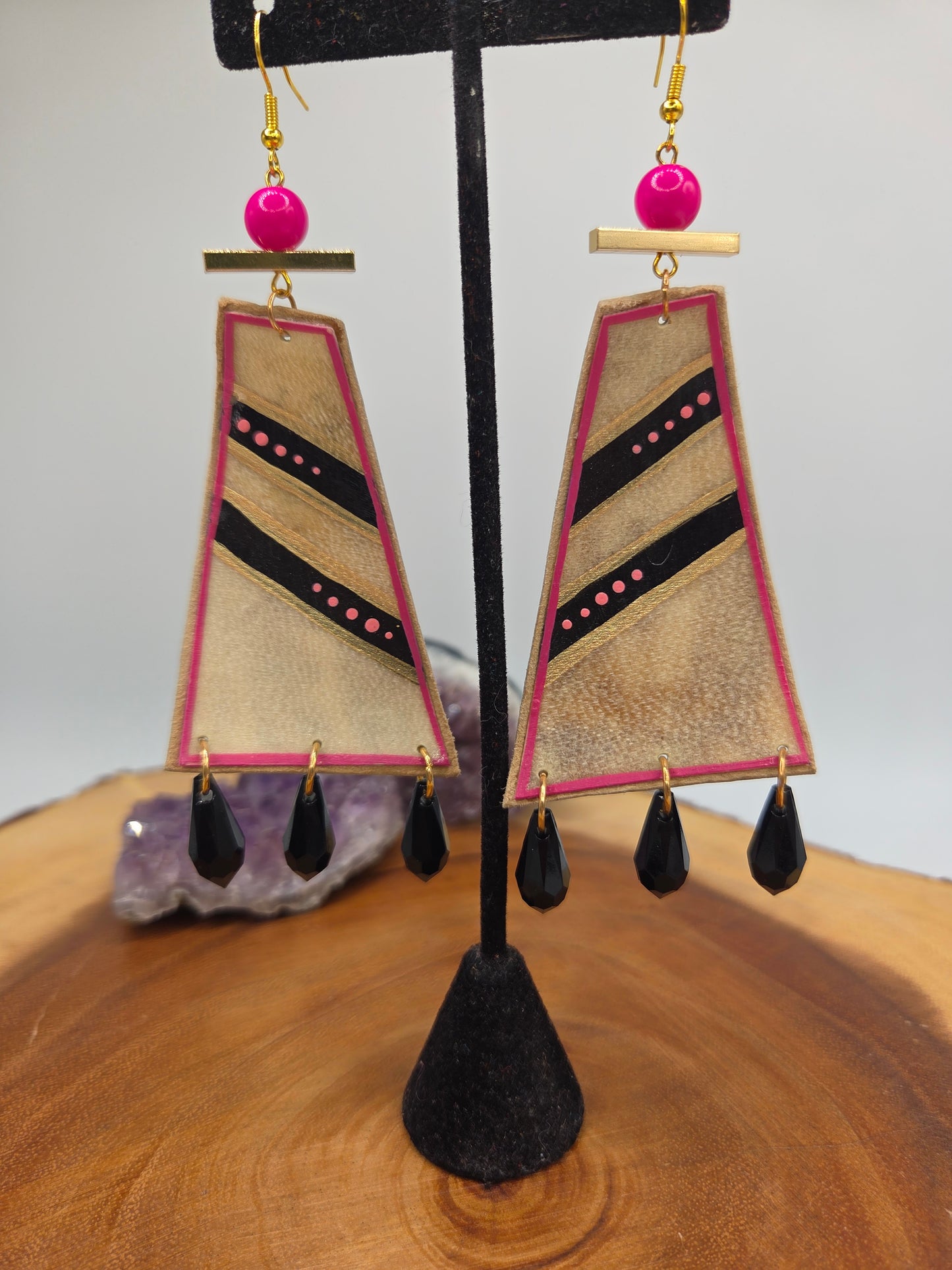 Geometric Painted Rawhide Parfleche Earrings