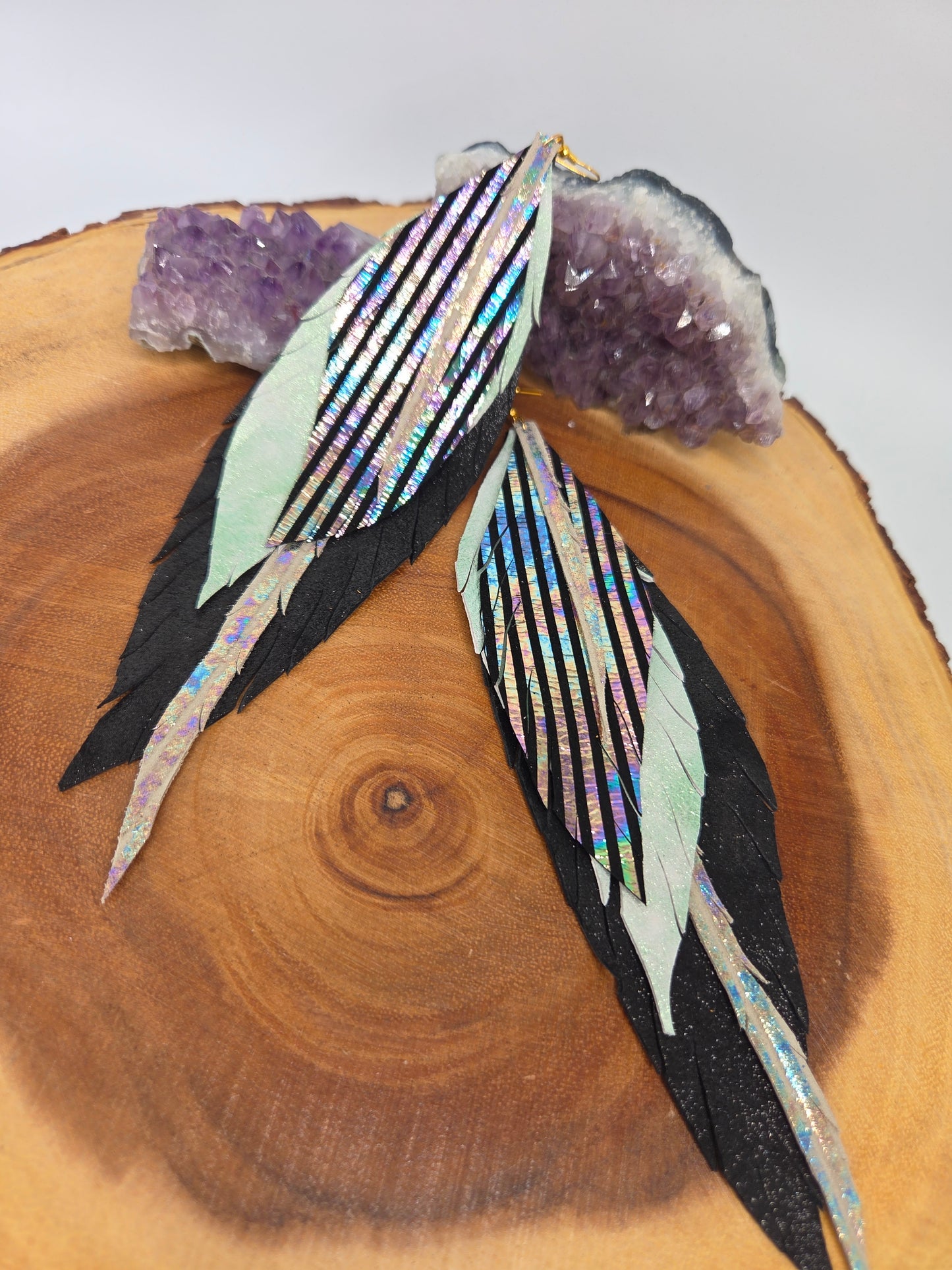 Black Holographic Metallic Leather Feather Earrings