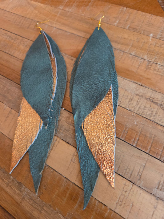 Antiqued Green Metallic Leather Feather Earrings