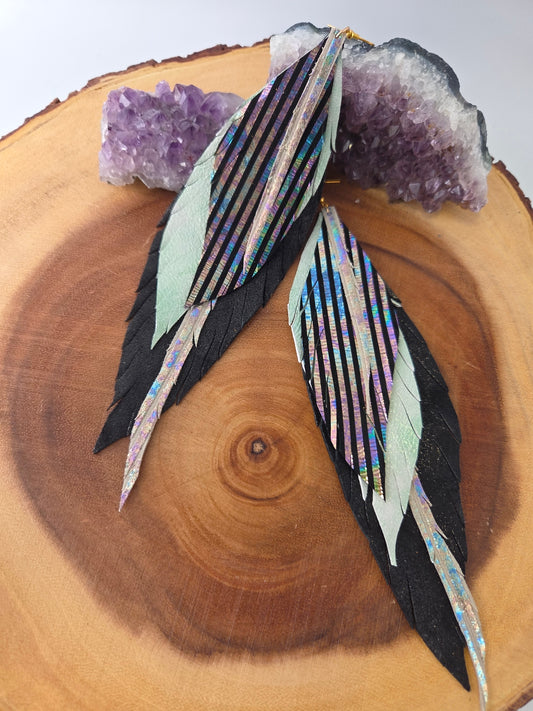 Black Holographic Metallic Leather Feather Earrings