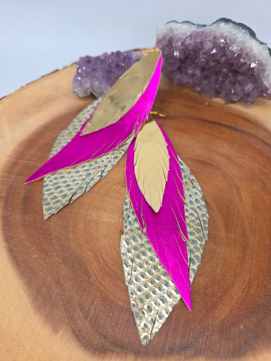 Pink, Gold Metallic Leather Feather Earrings