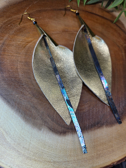Leather Feather Earrings Gold