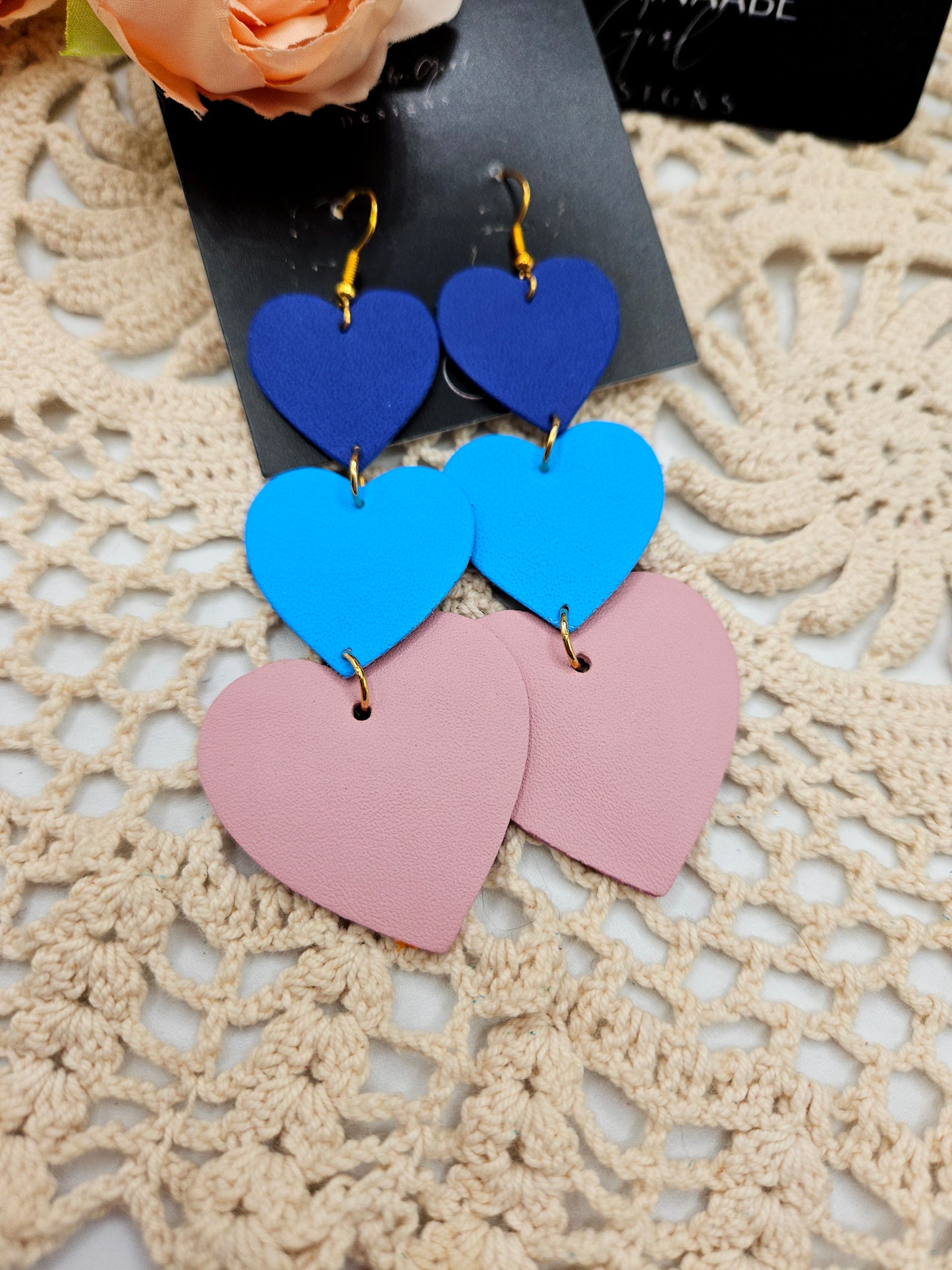 Leather Blue Hearts Earrings