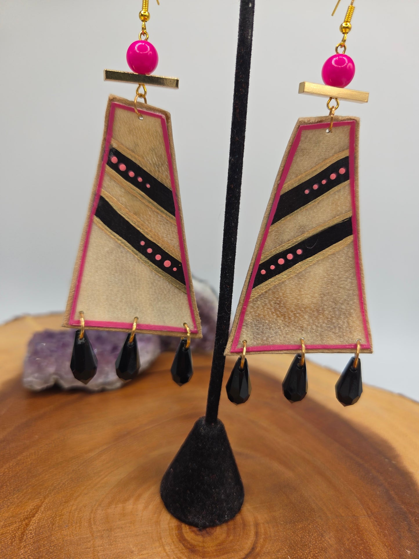 Geometric Painted Rawhide Parfleche Earrings