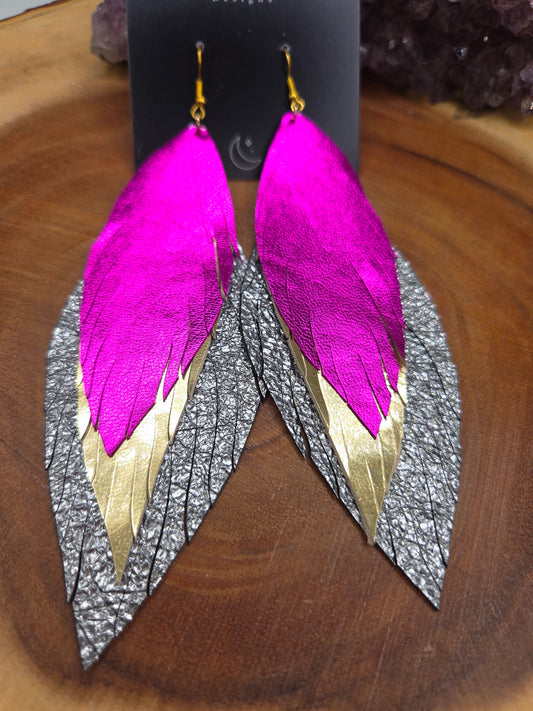Pink, Gold, Silver Metallic Leather Feather Earrings