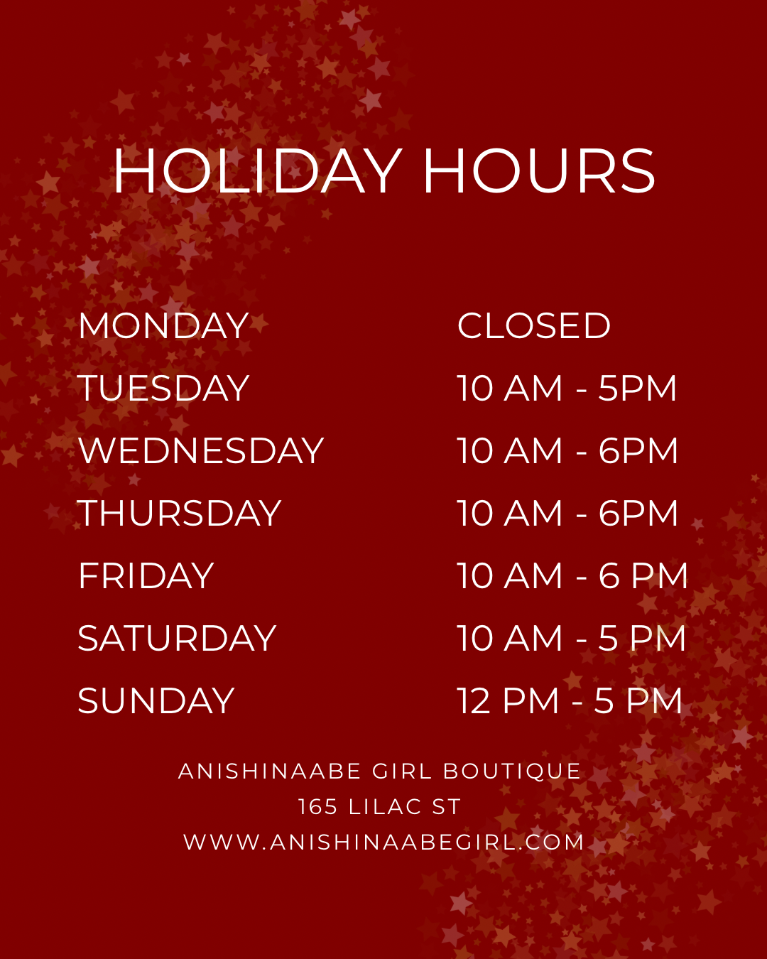 Holiday Storefront Hours