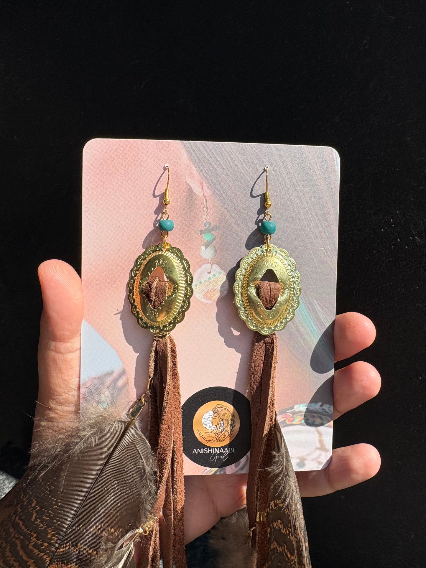Concho, Turkey Feather, Brown Leather Earrings