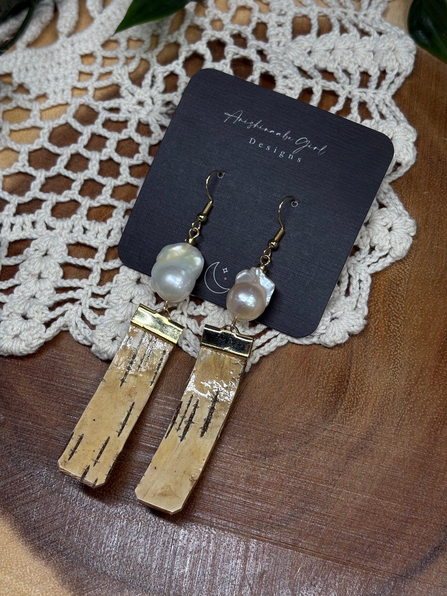 Birchbark and Fresh Water Pearl Earrings