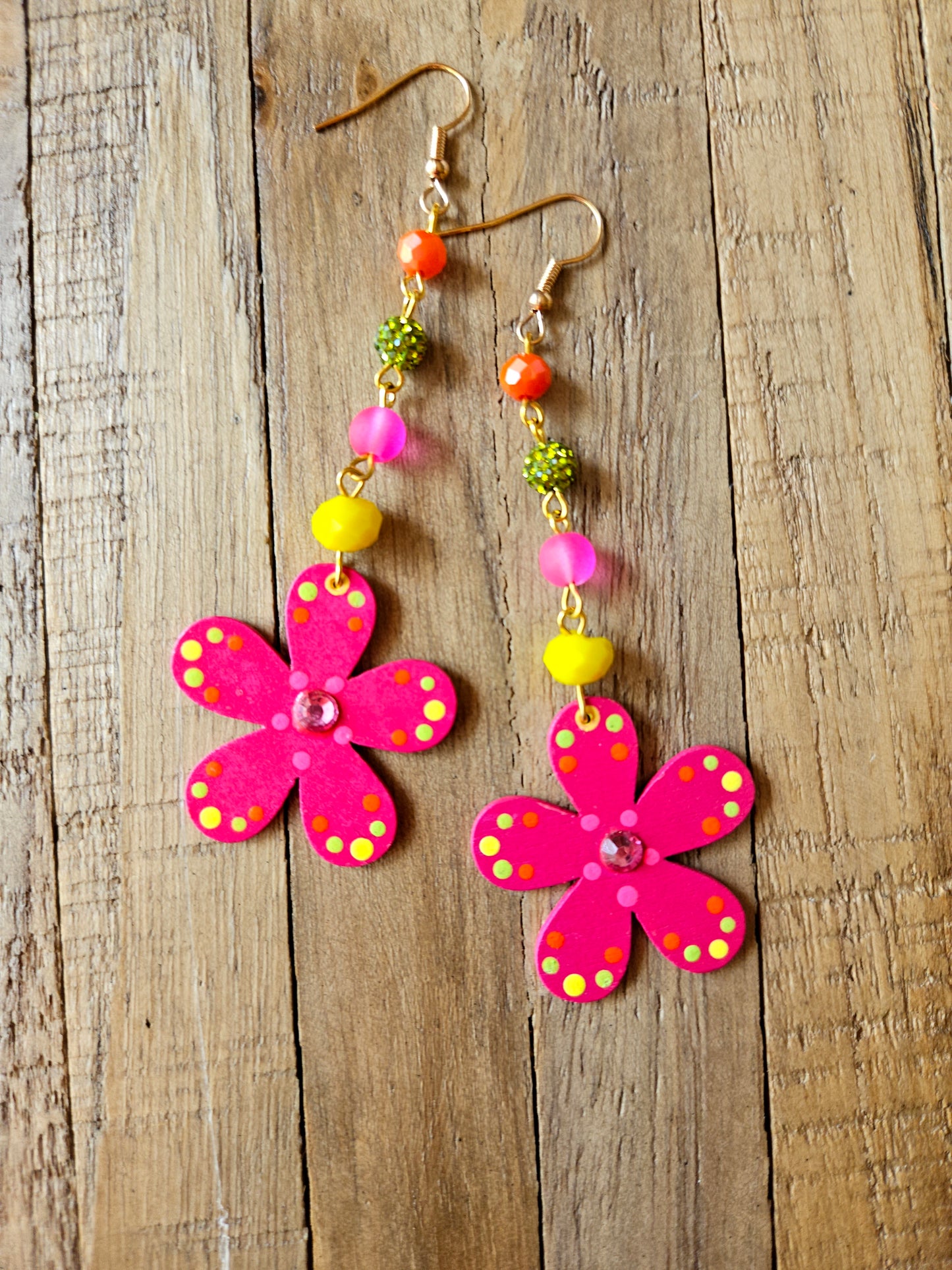 Painted Wood Flower Drop Earrings
