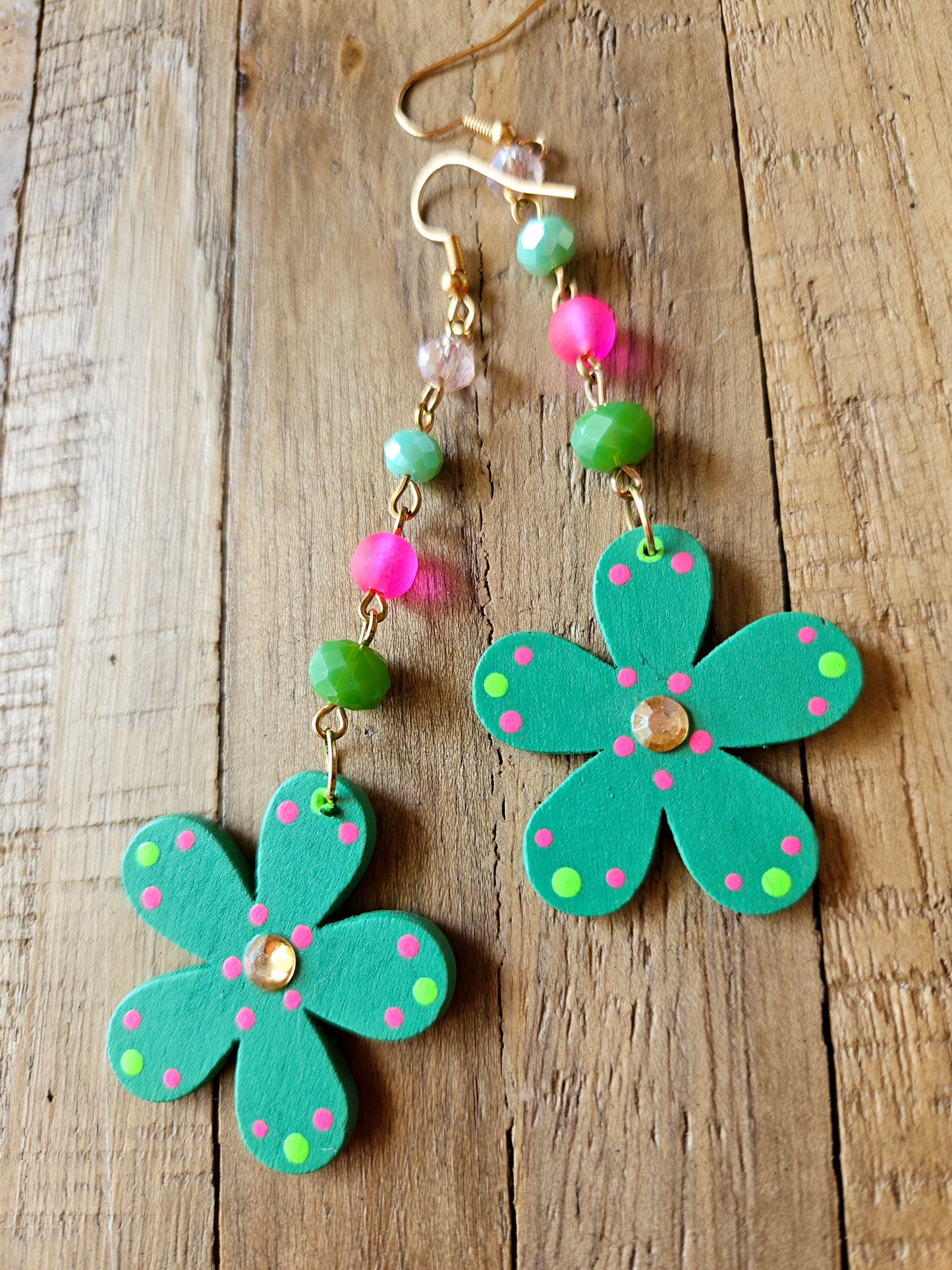 Painted Wood Flower Drop Earrings