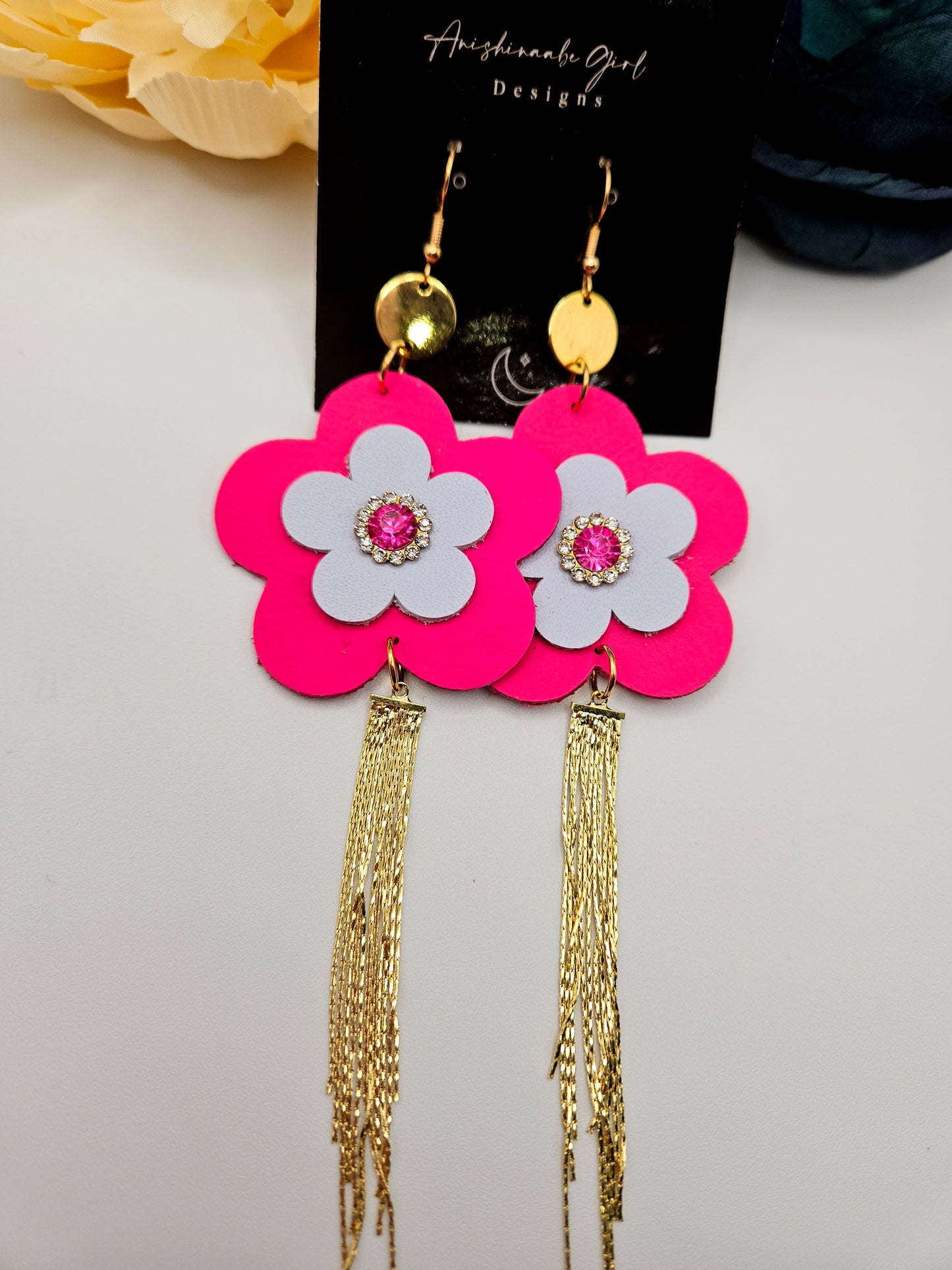 Flower Leather Chain Tassel Charm Earrings