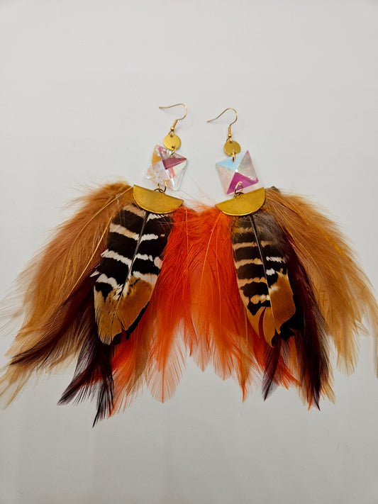 Orange Fan Feather Earrings