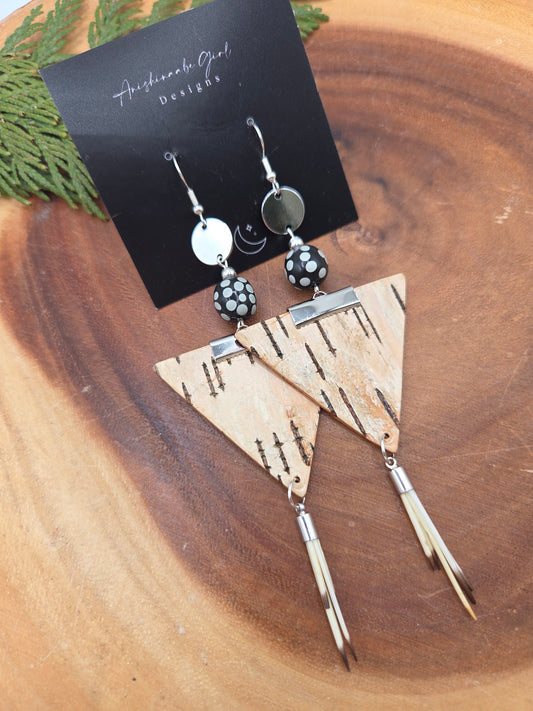 Birchbark, Quill and Skunk Bead Trade Earrings