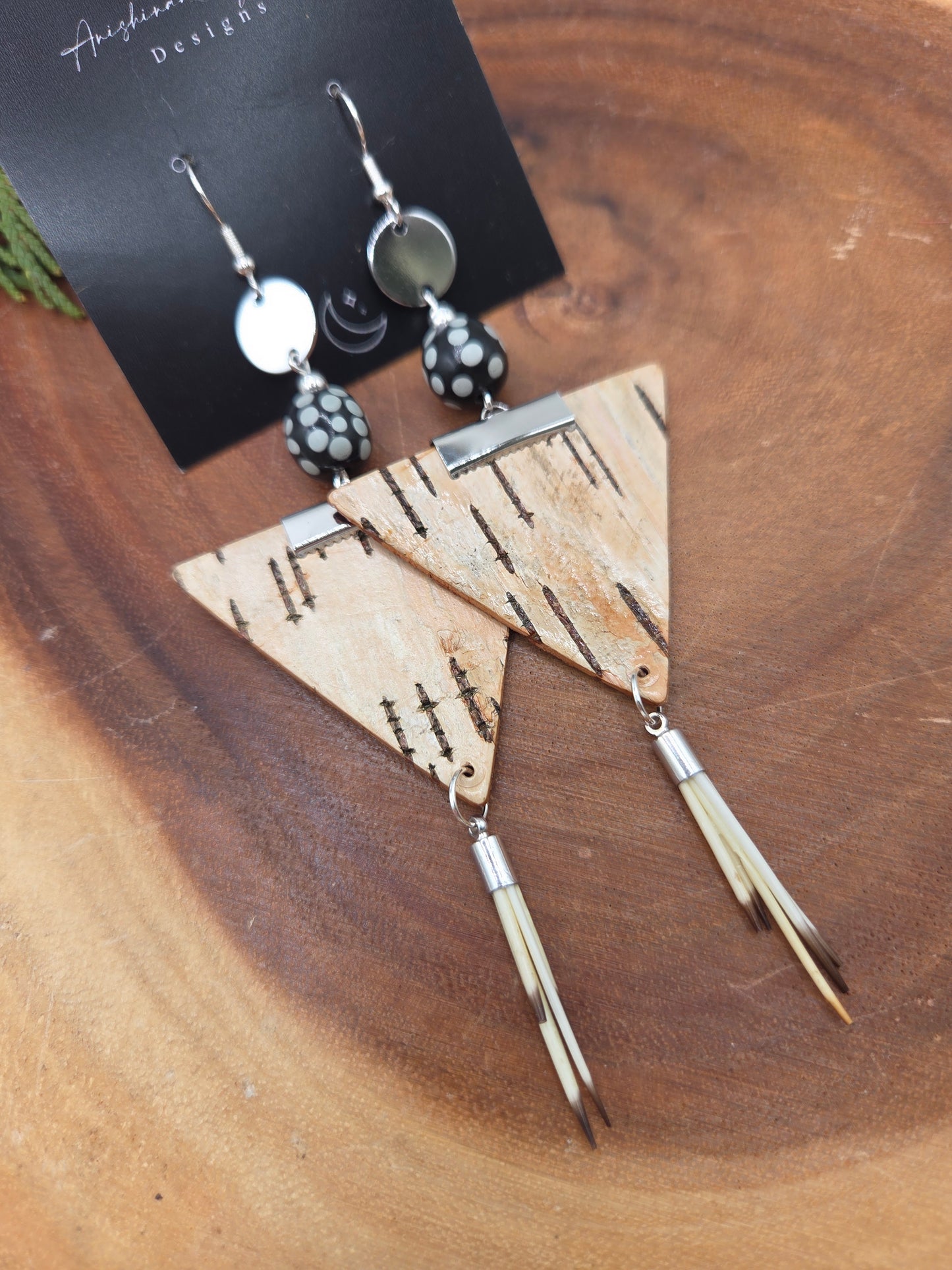 Birchbark, Quill and Skunk Bead Trade Earrings