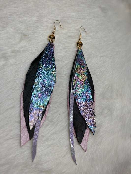 Leather Feather Earrings - Black, Pink, Rainbow Metallic