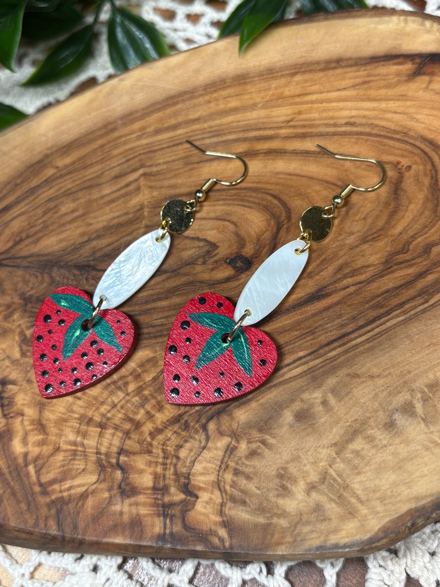 Red Strawberry & Shell Wooden Earrings