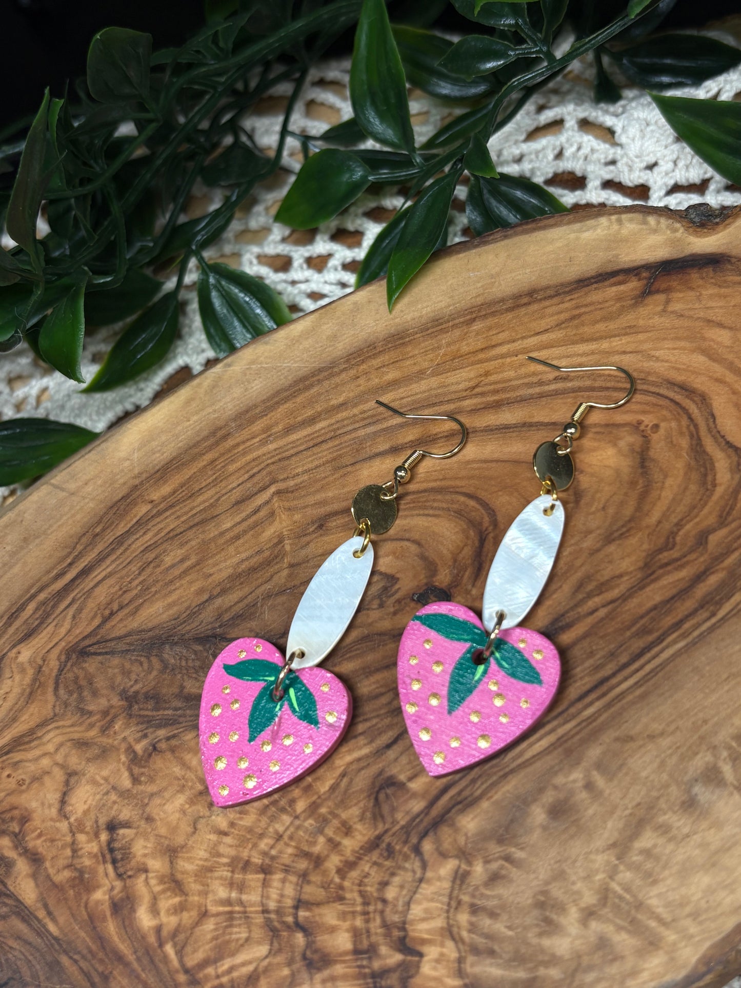 Pink Strawberry & Shell Wooden Earrings