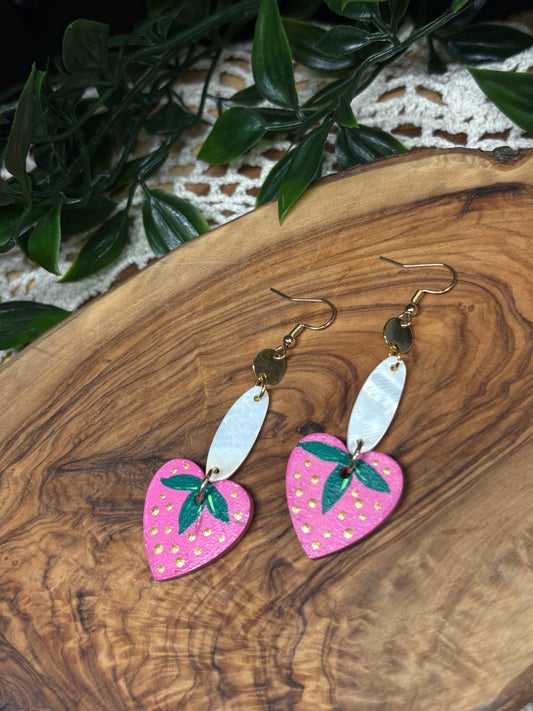 Pink Strawberry & Shell Wooden Earrings