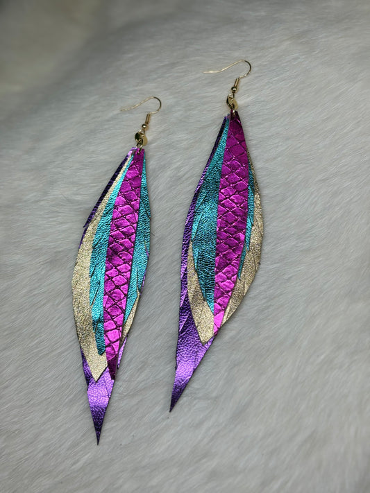 Leather Feather Earrings - Metallic pink, blue, gold, purple