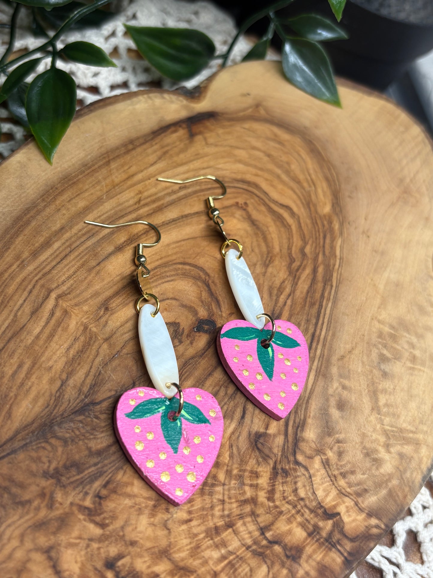 Pink Strawberry & Shell Wooden Earrings