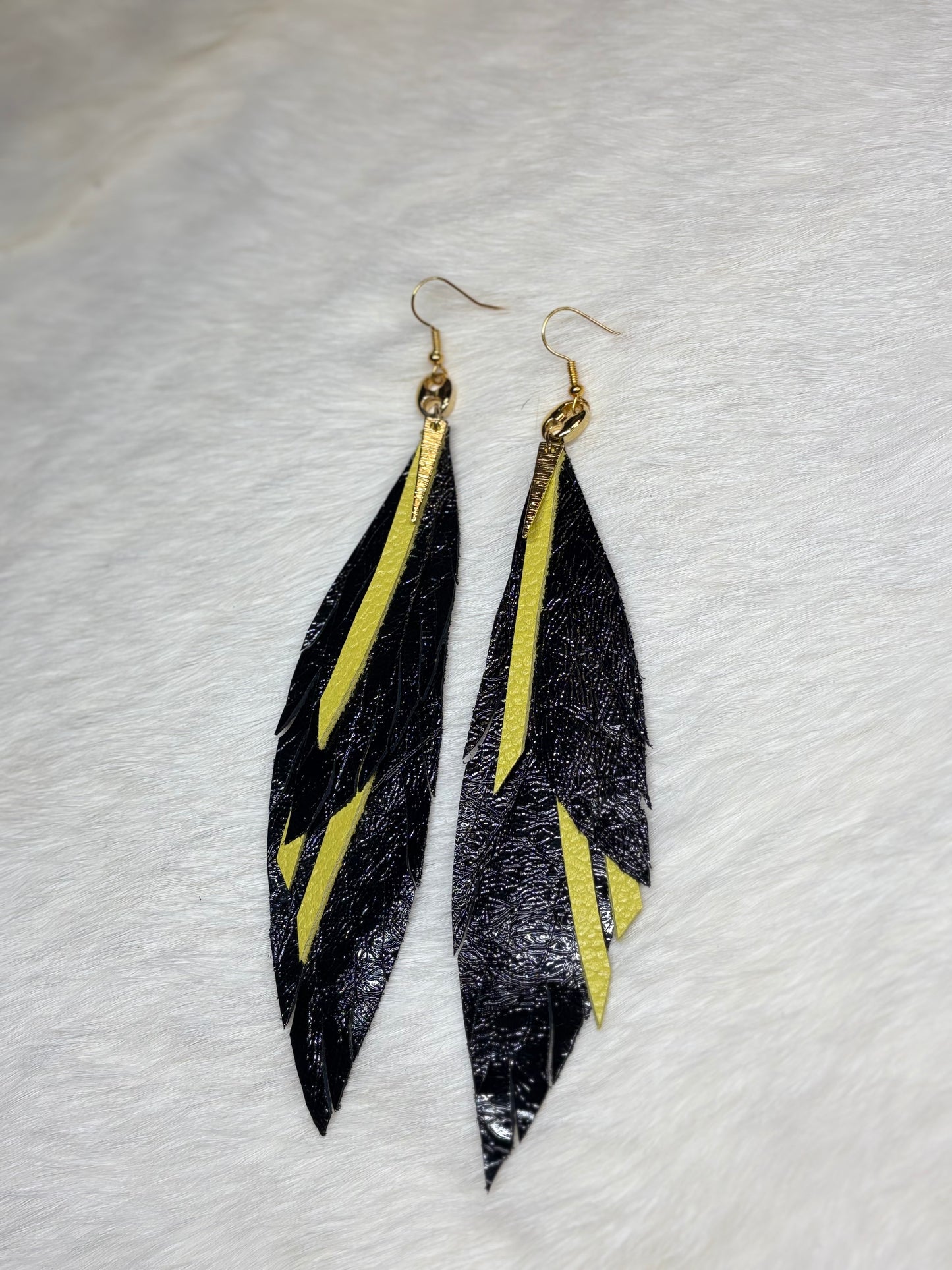 Leather Feather Earrings - Yellow & Metallic Black