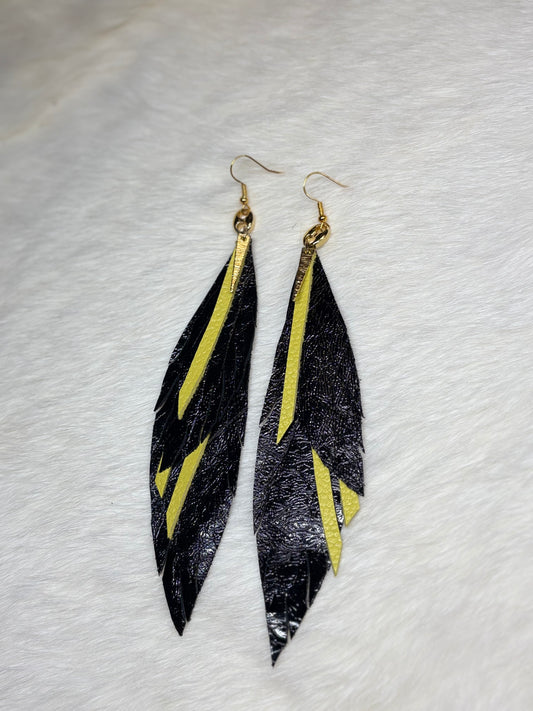 Leather Feather Earrings - Yellow & Metallic Black