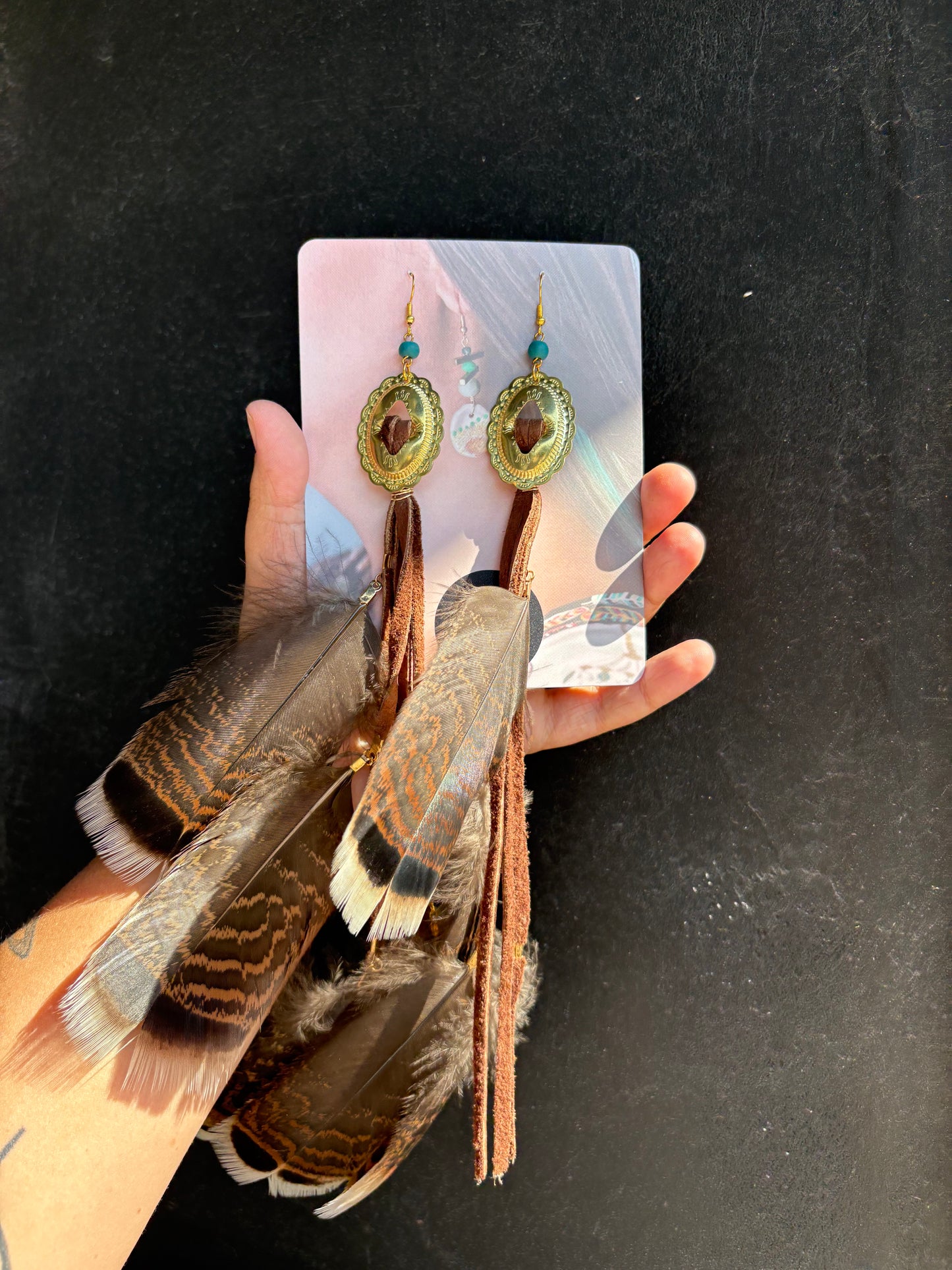 Concho, Turkey Feather, Brown Leather Earrings