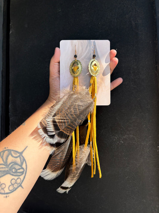 Concho, Turkey Feather, Tan Leather Earrings