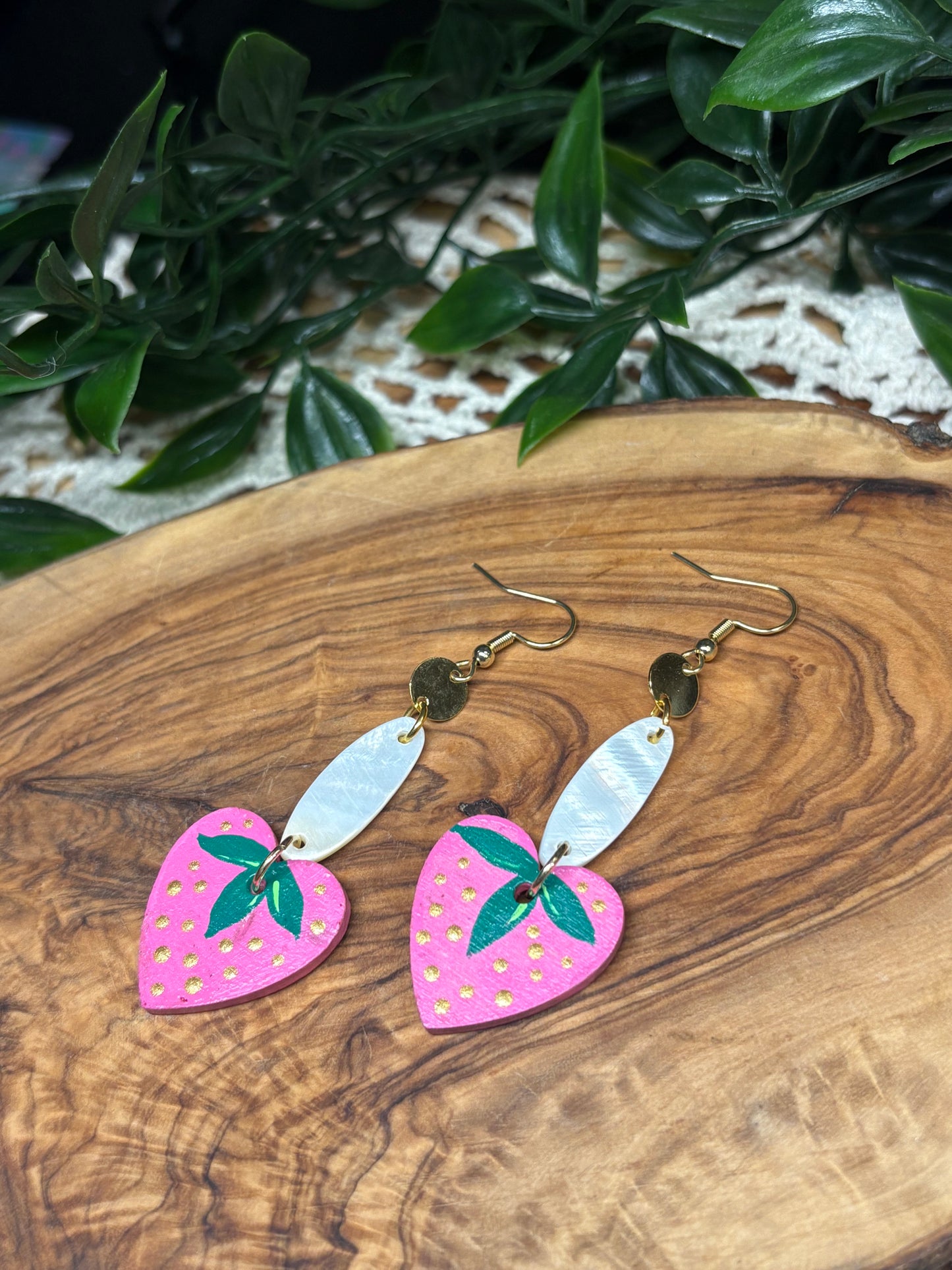 Pink Strawberry & Shell Wooden Earrings
