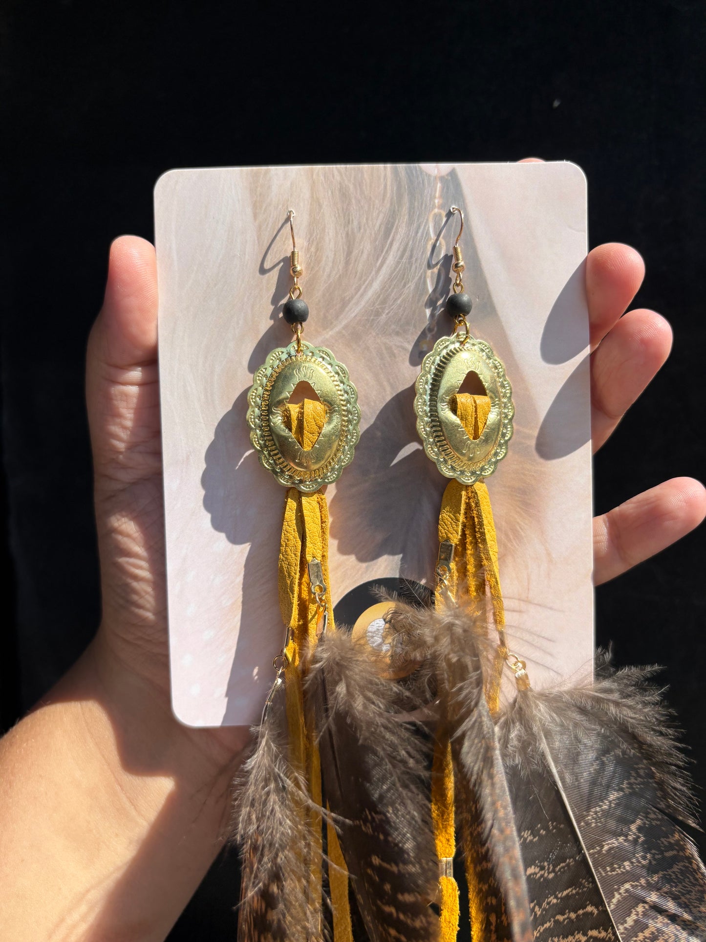 Concho, Turkey Feather, Tan Leather Earrings
