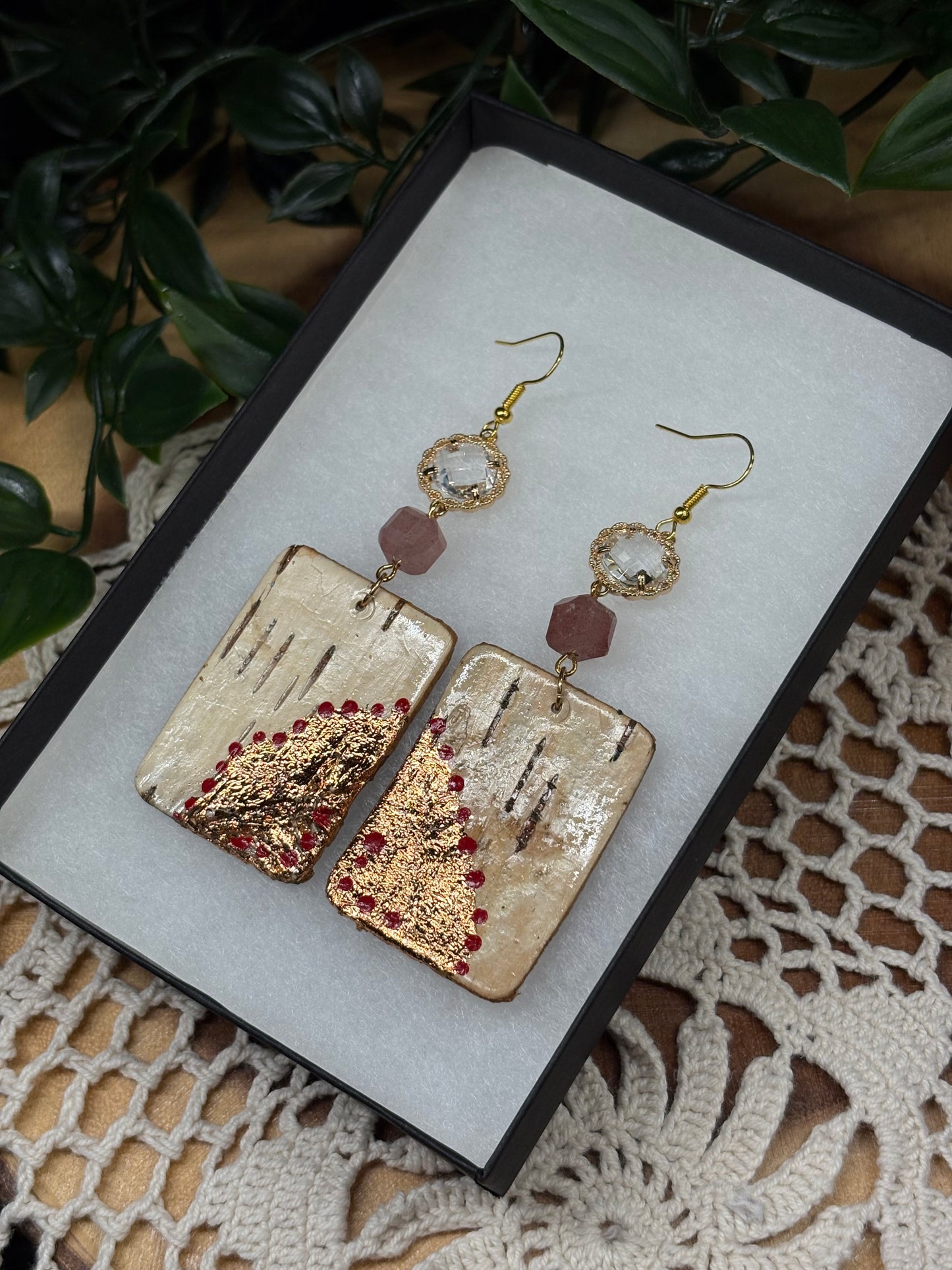 Strawberry Quartz & Birchbark Earrings