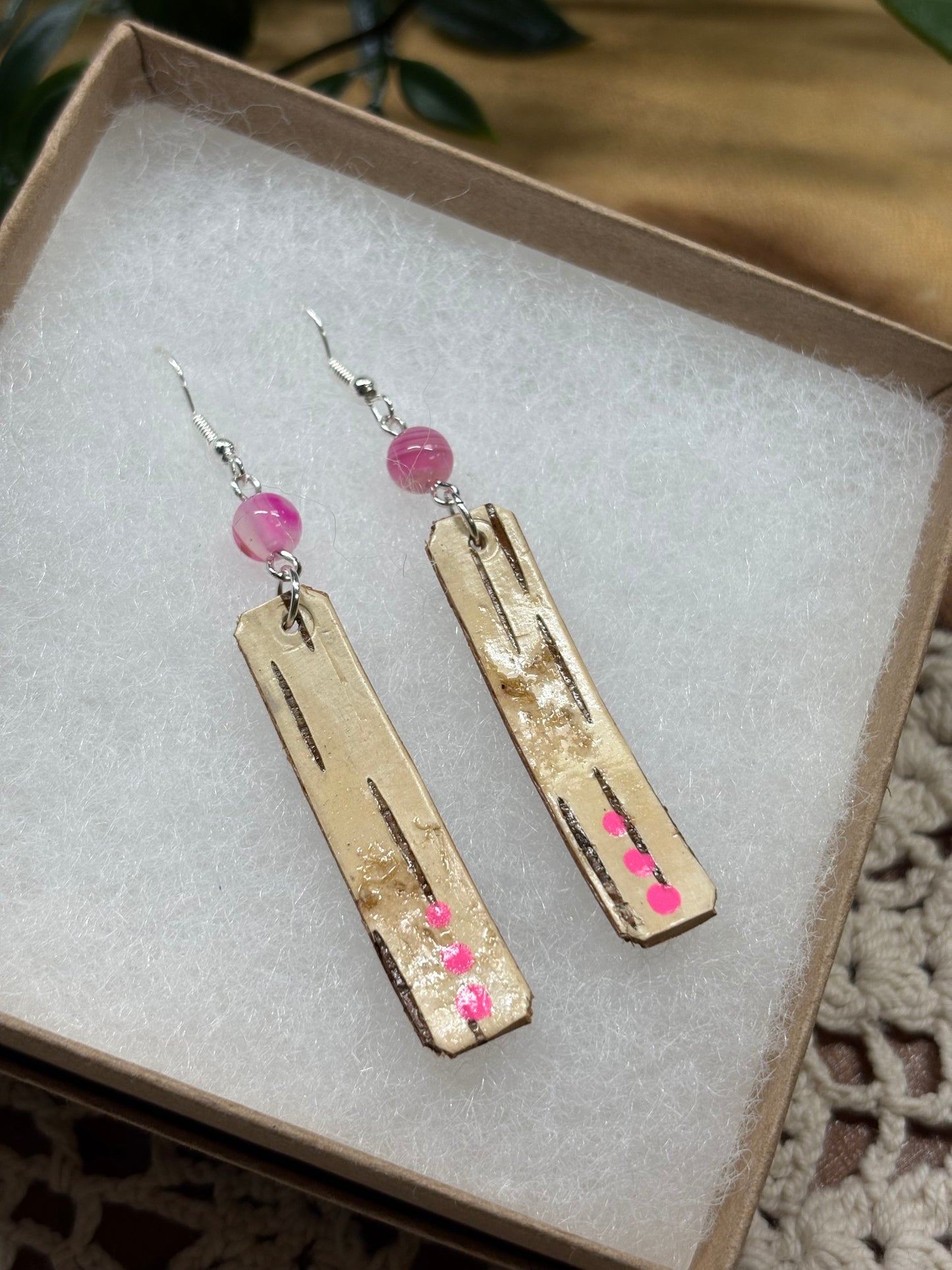 Pink Painted Birchbark Earrings