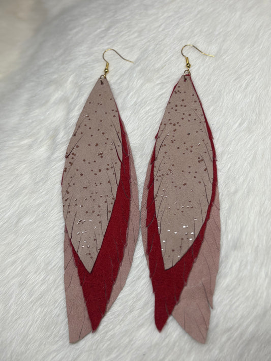 Leather Feather Earrings - Beige, Red, Dusty Pink