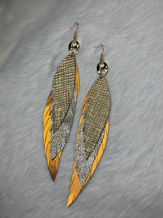 Leather Feather Earrings - Gold, Silver, Metallic Orange