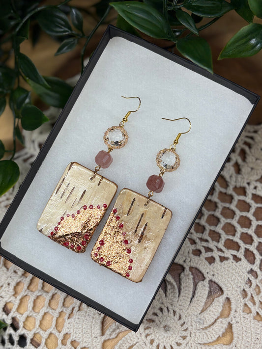 Strawberry Quartz & Birchbark Earrings