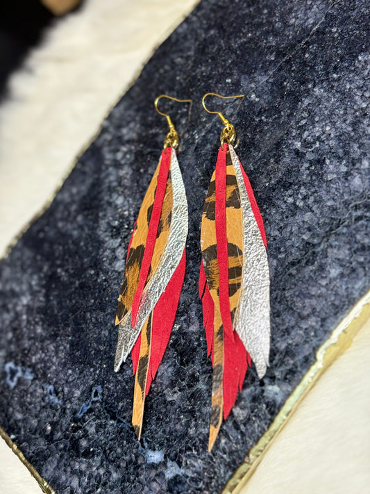 Leather Feather Earrings - Red, Cheetah Print, & Silver