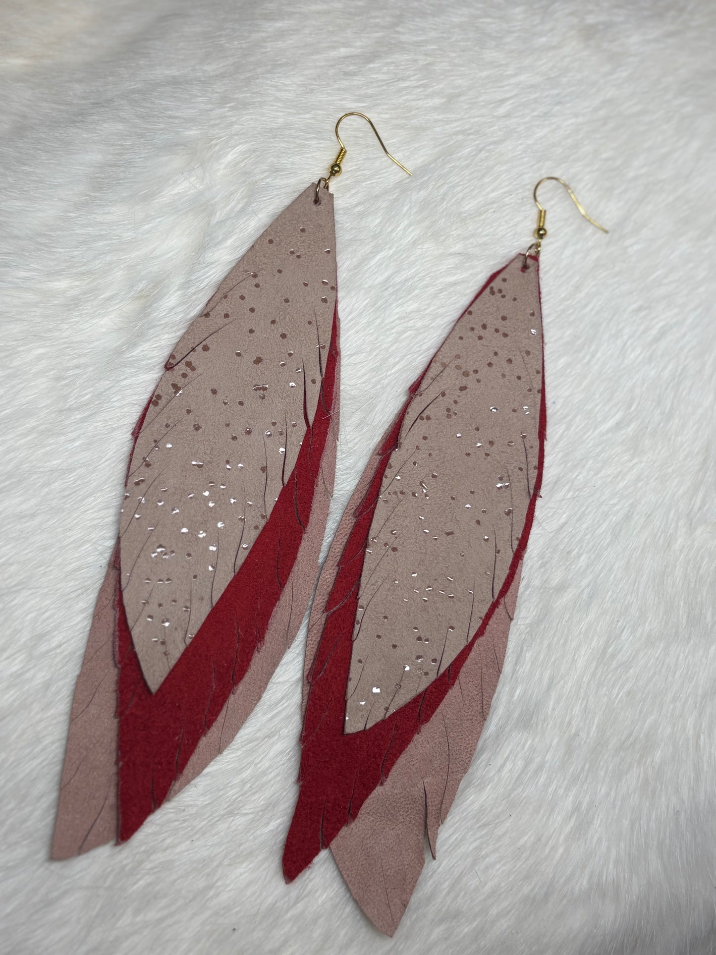 Leather Feather Earrings - Beige, Red, Dusty Pink