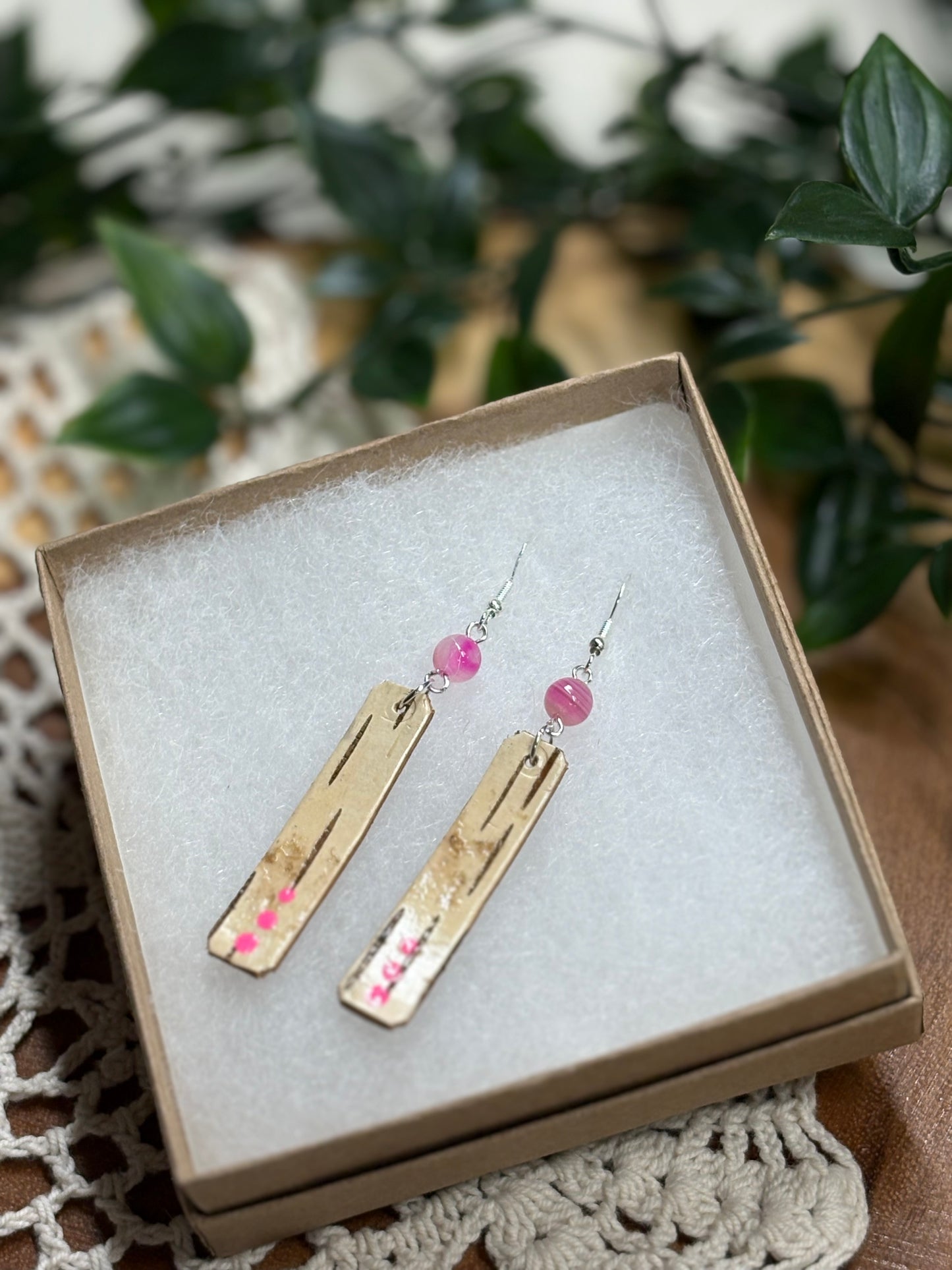 Pink Painted Birchbark Earrings