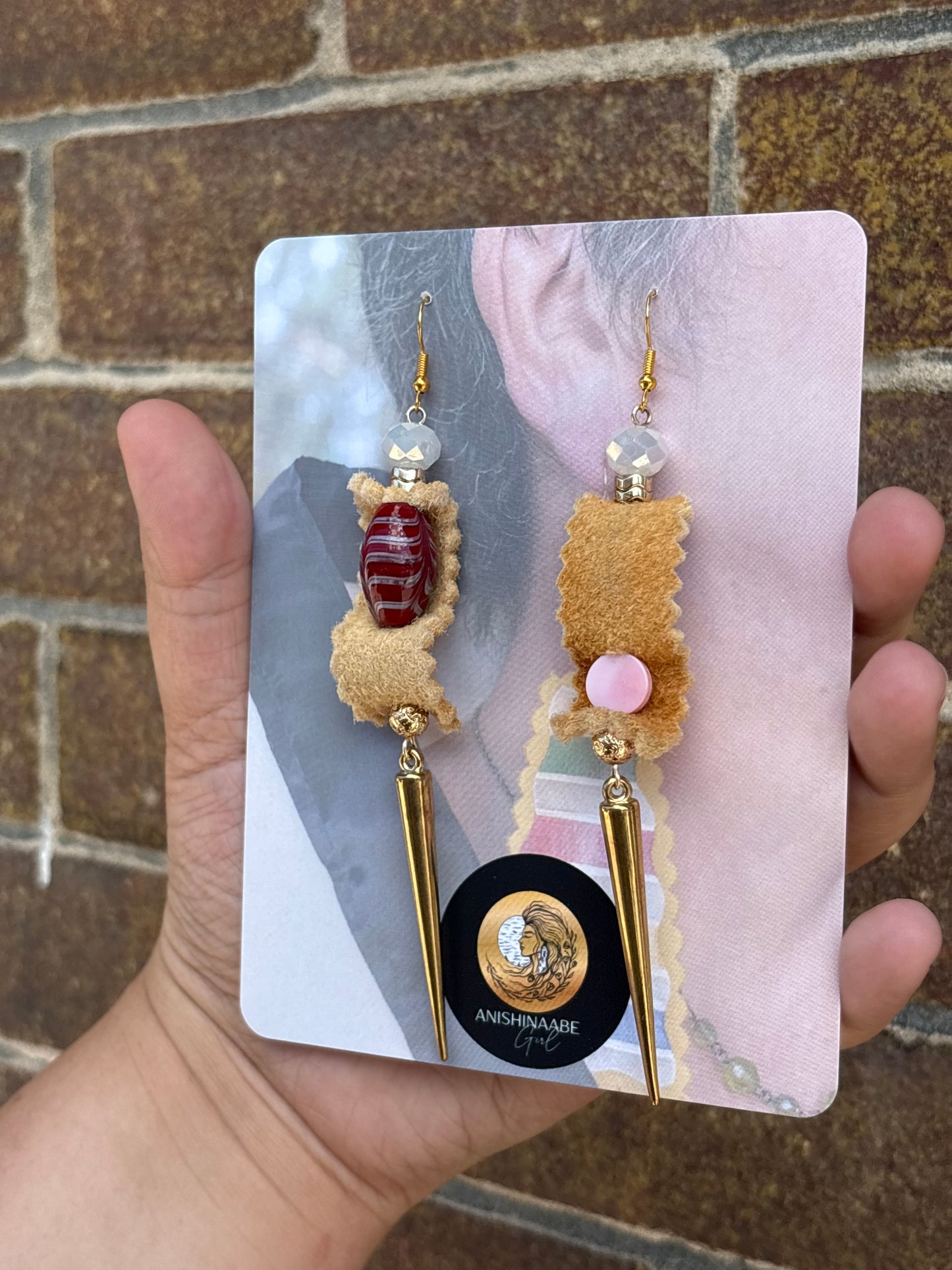Pink Queen Conch, Glass Bead, & Home Tanned Moose Hide Earrings