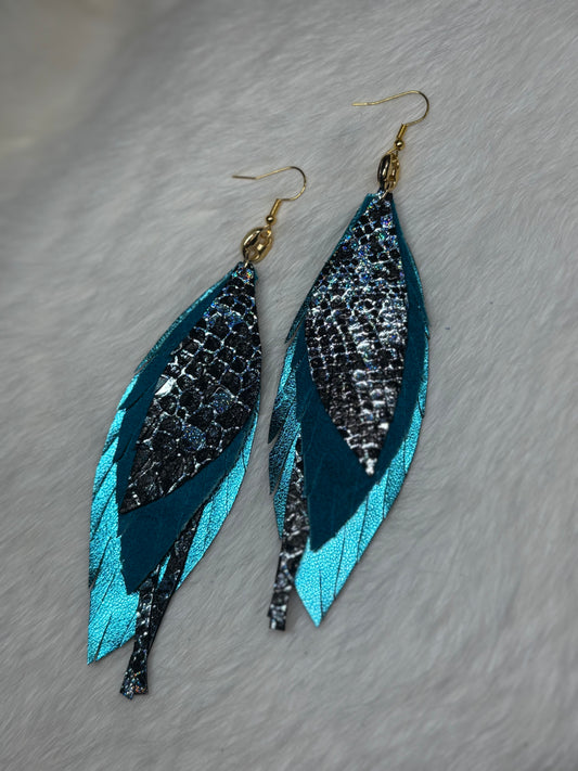 Leather Feather Earrings - Teal & Metallics